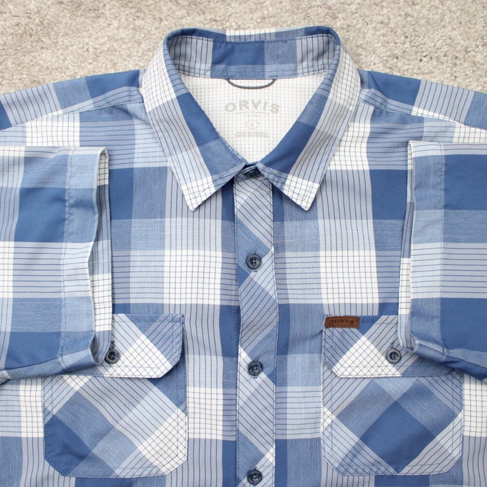 Orvis Shirt Mens Large Blue Plaid Three Forks Knit Short Sleeve Button Hiking‎